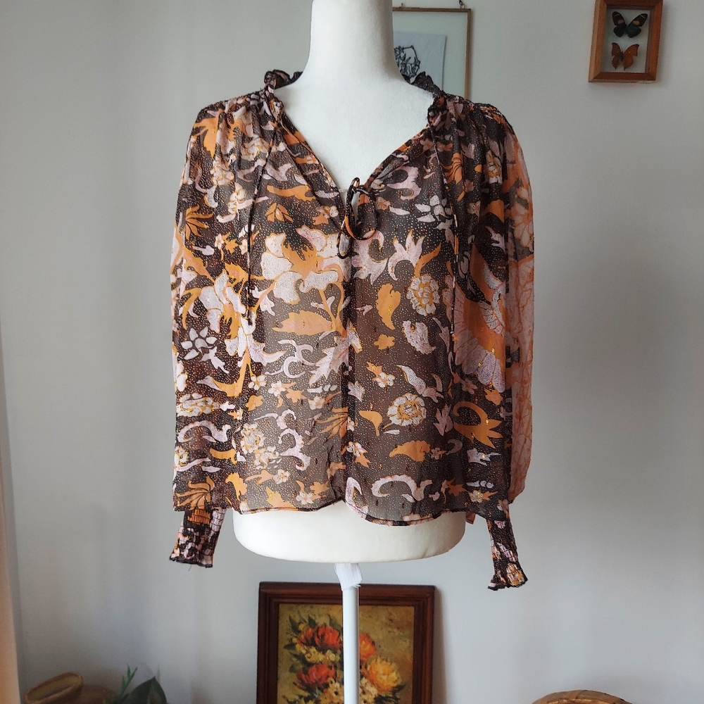 O.P.T. XS Long Sleeves Sheer Blouse Retro Floral Print Brown Orange Cream